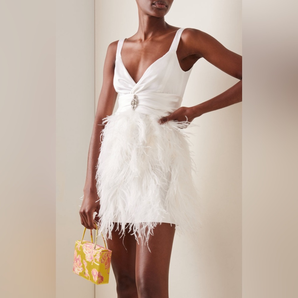 Alessandra Rich Silk Satin Mini Dress White Feather